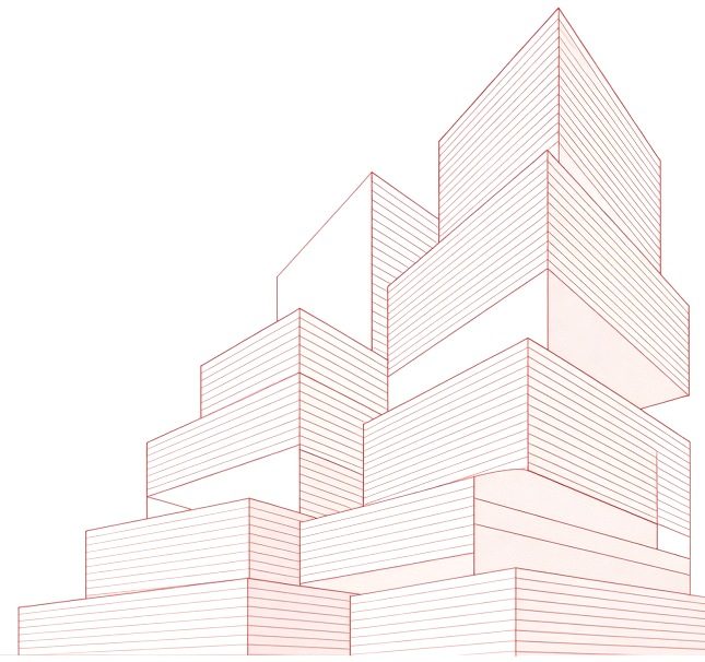 Line drawing of stacked building blocks rising in red outline