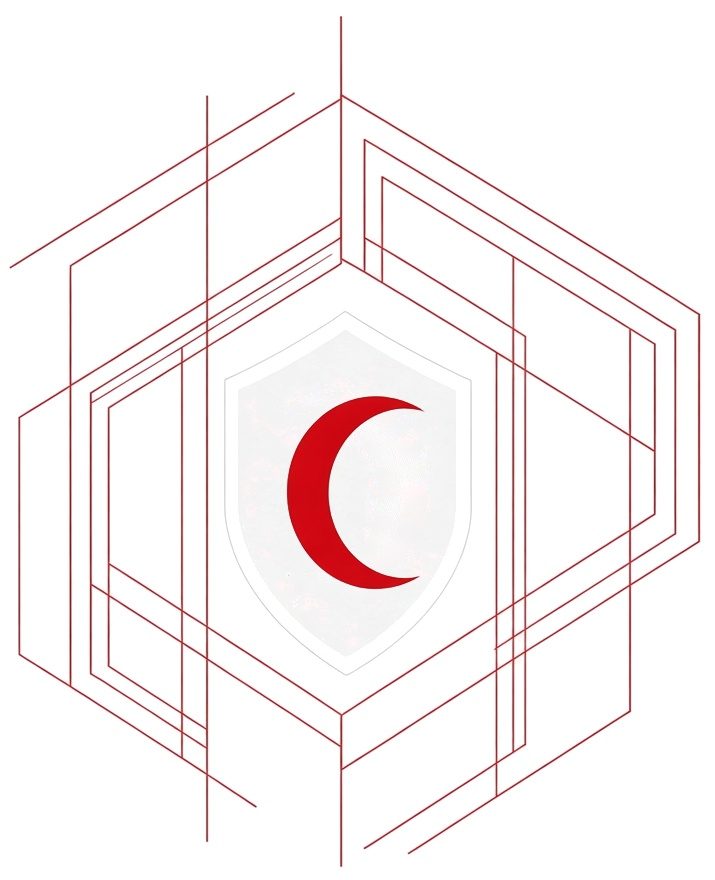 Line drawing of a red crescent on a shield inside overlapping hexagons